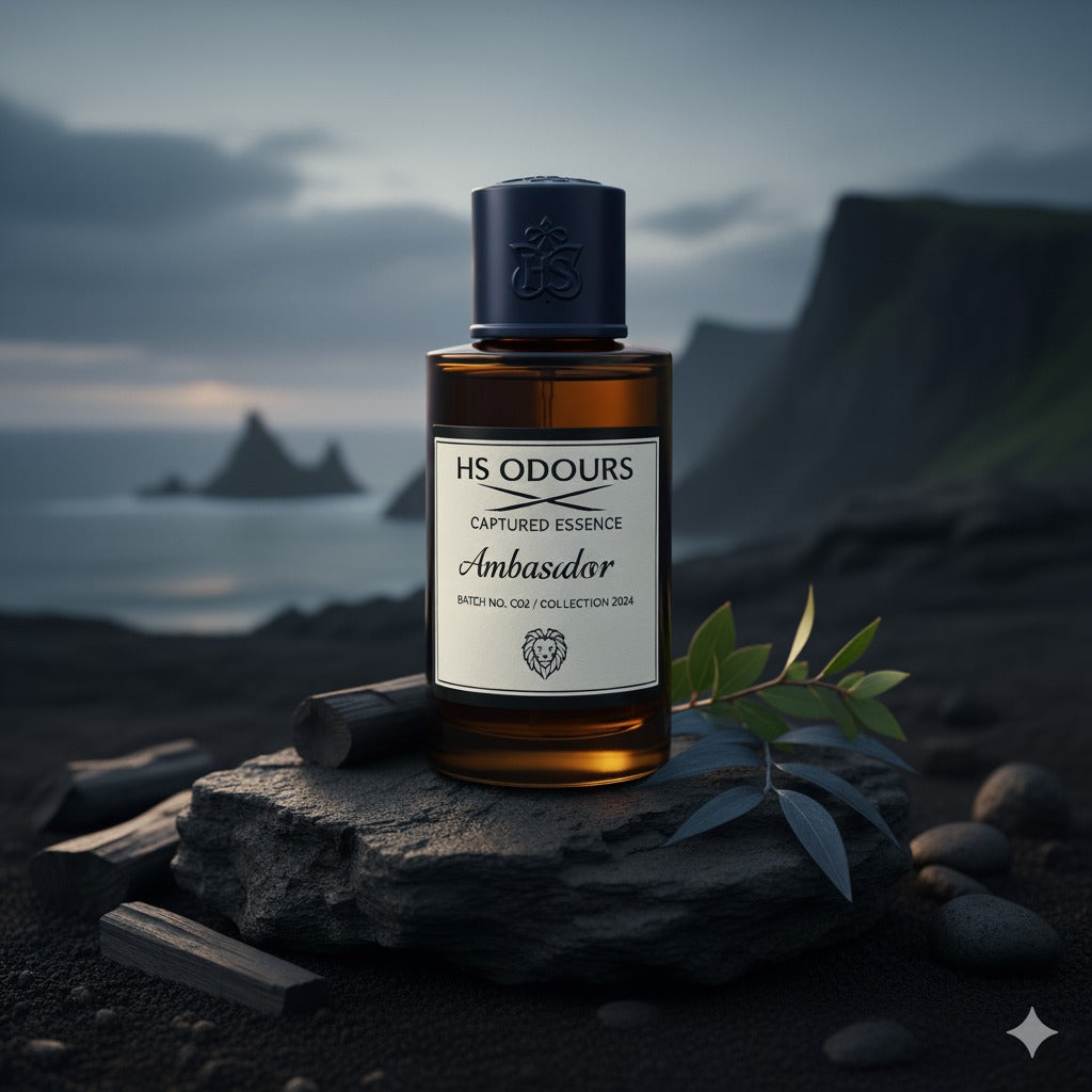 Bottle of HS Odours Ambasador on a rock with a scenic background