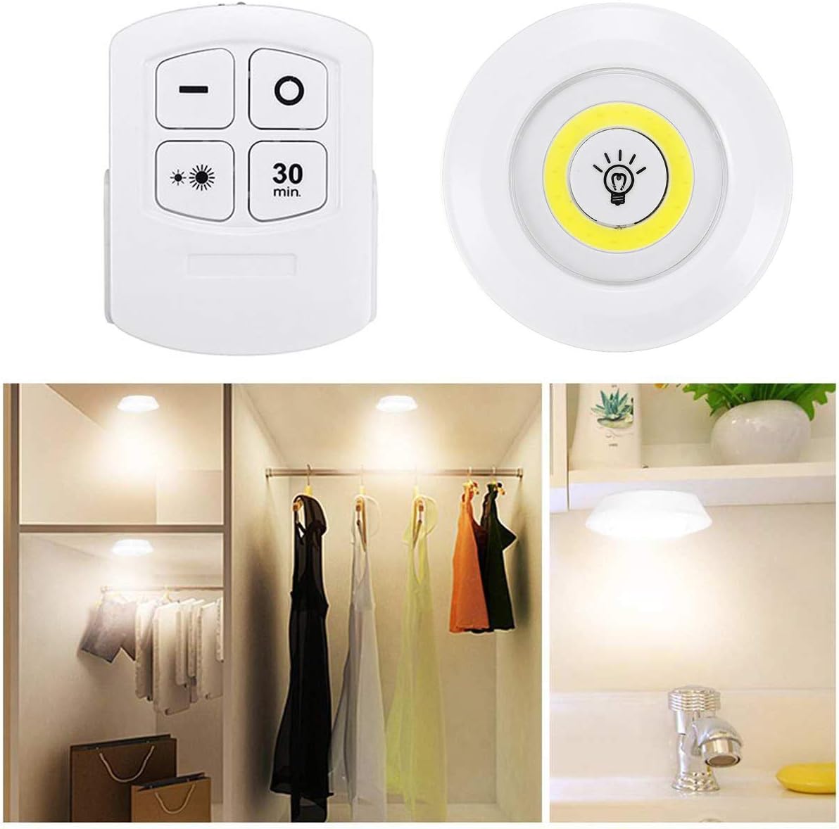 Led Puck Lights, Ultra Bright 150 Lumen COB LED Cabinet Lights with Remote Control for Closet, Wardrobe, Bathroom, Hallway(White Light) 3 pack