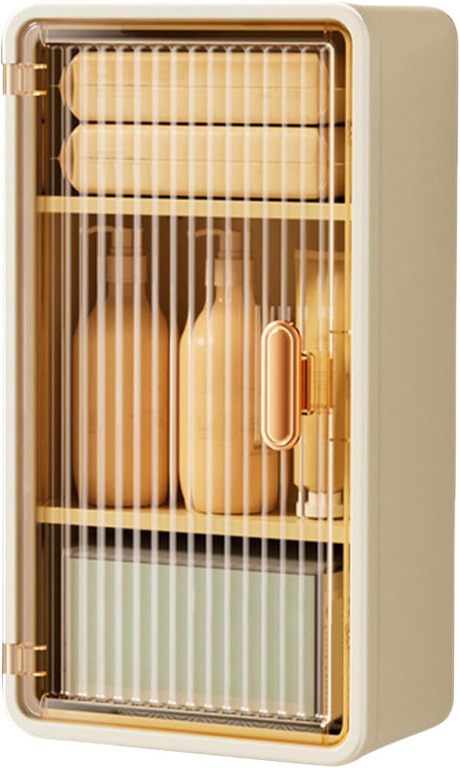 Beige mini refrigerator with glass door displaying bottles inside