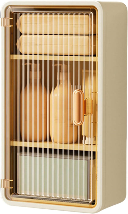 Beige mini refrigerator with glass door displaying bottles inside