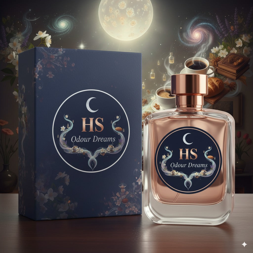 HS Odour Dreams perfume bottle and packaging with a mystical background