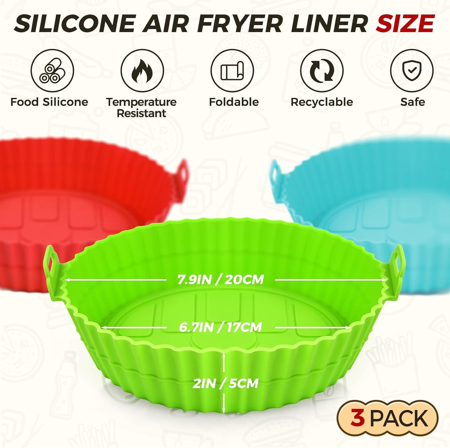 3 Pack Air Fryer Silicone Liners 8inch Air Fryer Silicone Pot Reusable Food Grade Silicone Airfryer Liners Baking Basket Accessories Replacement of Flammable Disposable Parchment Paper