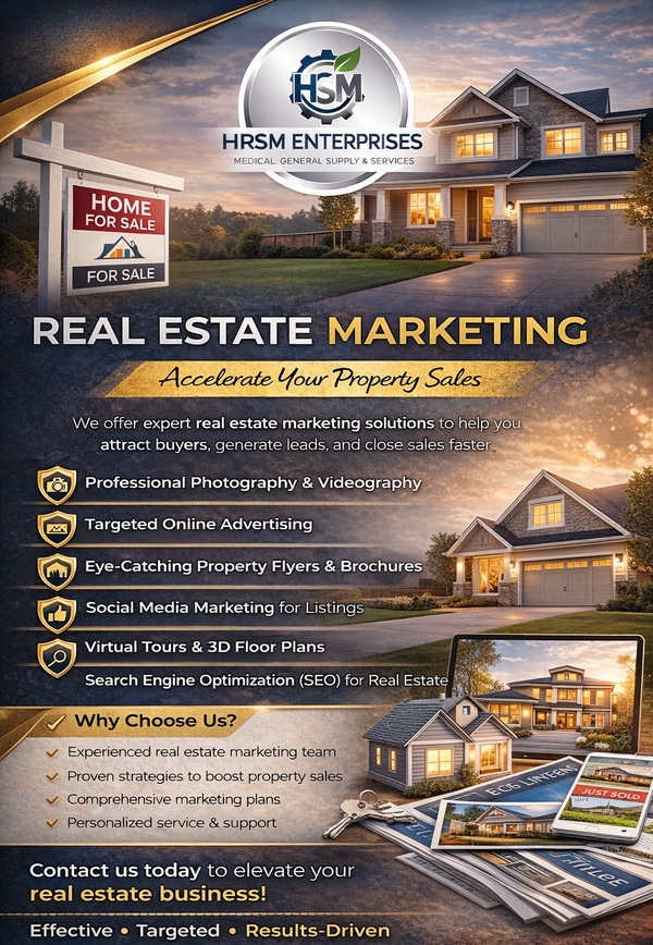 Real estate marketing services advertisement with houses and promotional materials.